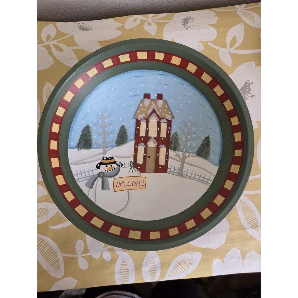 Snowman Wood Bowl Hand Painted Welcome  12" Winter Christmas